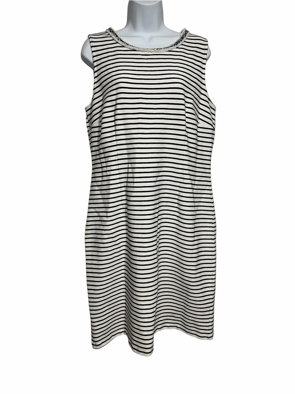 Talbots Navy White Striped Midi Shift Dress Size 12 Braid Detail Coastal Resort